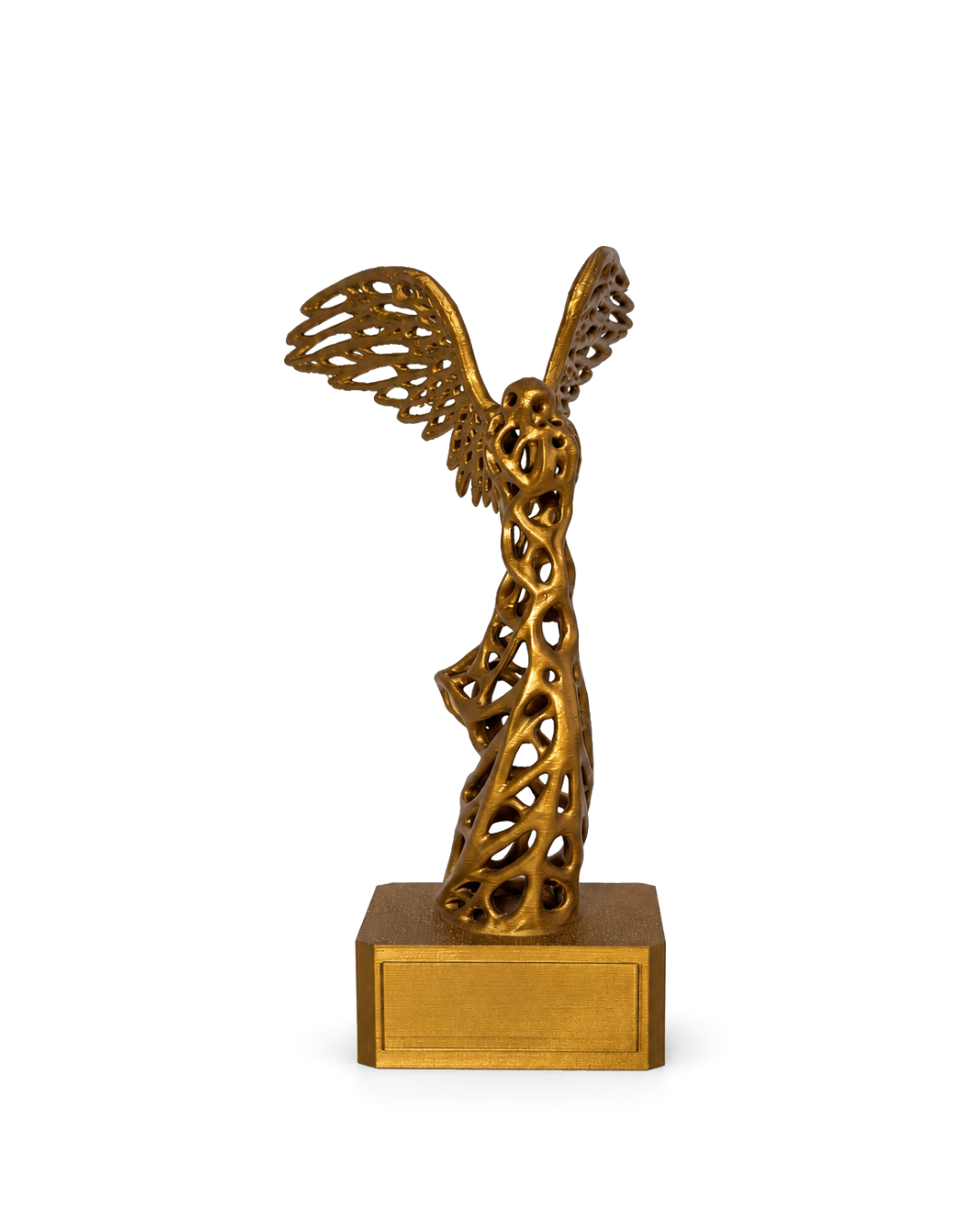 Gold Winged Victory trophy with an openwork structure, made for BLISS fashion show