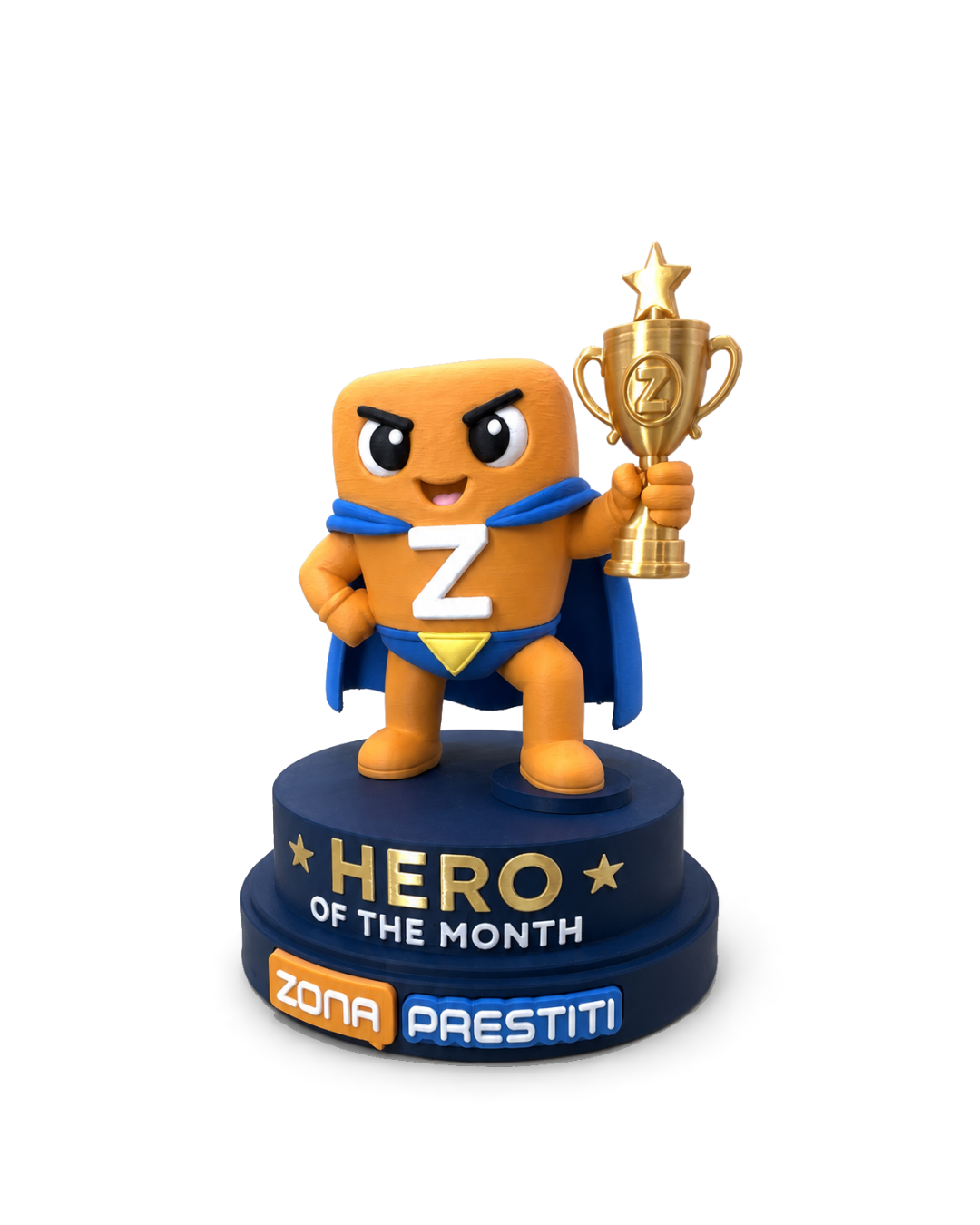 ZonaPrestiti Hero of the Month trophy, the company mascot lifting a cup