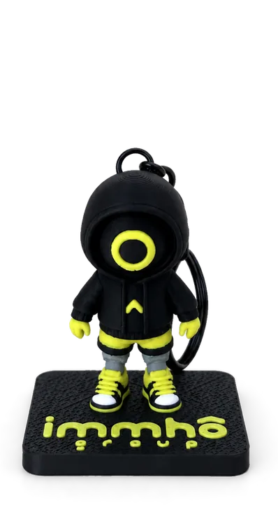 Immho Group mascot keyring on its stand with the group logo