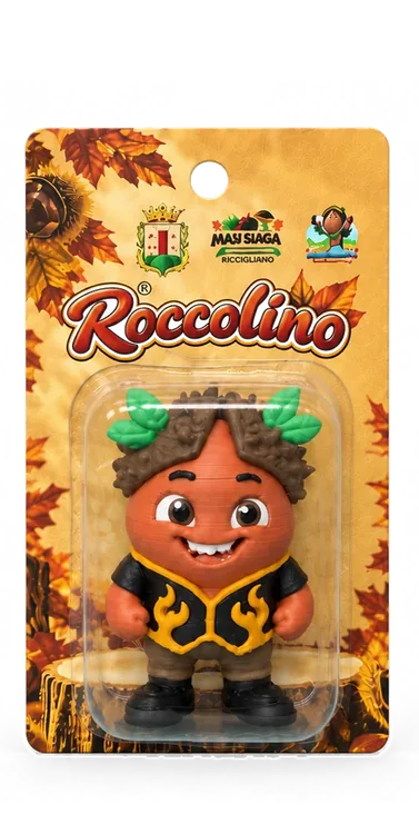 Roccolino mascot in a blister on an illustrated card