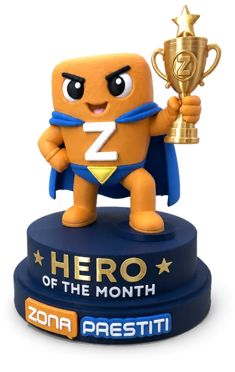 ZonaPrestiti Hero of the Month trophy: the company mascot lifting a cup